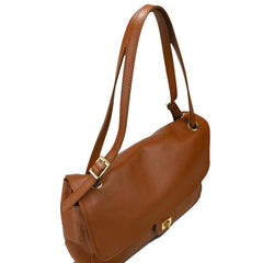 Fiona Pelle Media- Borsa a Patta in Vera Pelle Martellata con Tracolla Regolabile