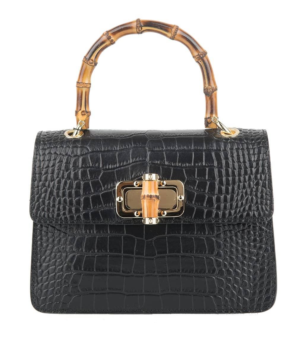 Tatiana Mini Borsa a Mano in Vera Pelle con Manico in Bambù