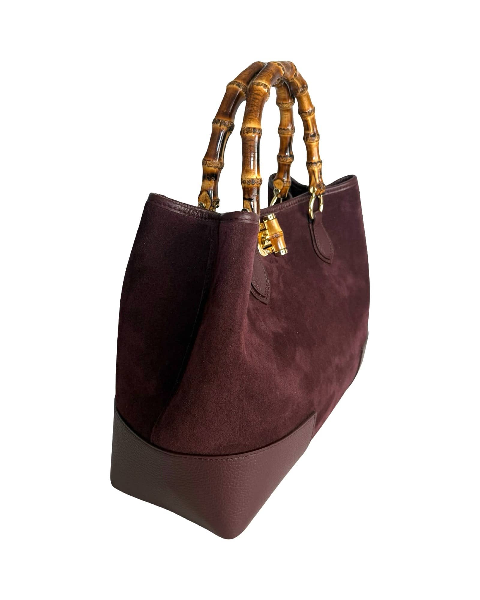 Annalisa - Borsa a Mano in Camoscio e Vera Pelle con Manici in Bambù – Eleganza Artigianale Made in Italy