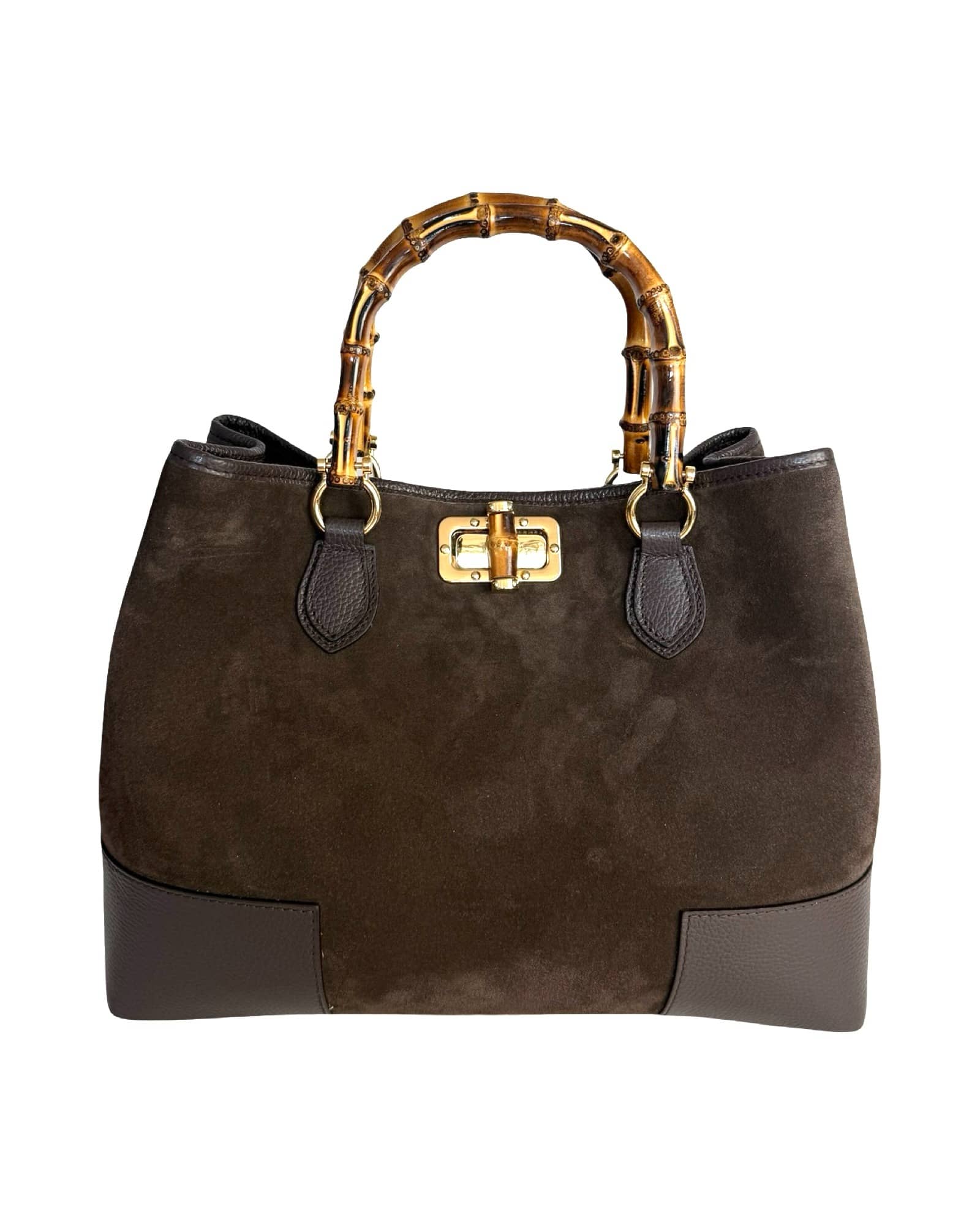 Annalisa - Borsa a Mano in Camoscio e Vera Pelle con Manici in Bambù – Eleganza Artigianale Made in Italy