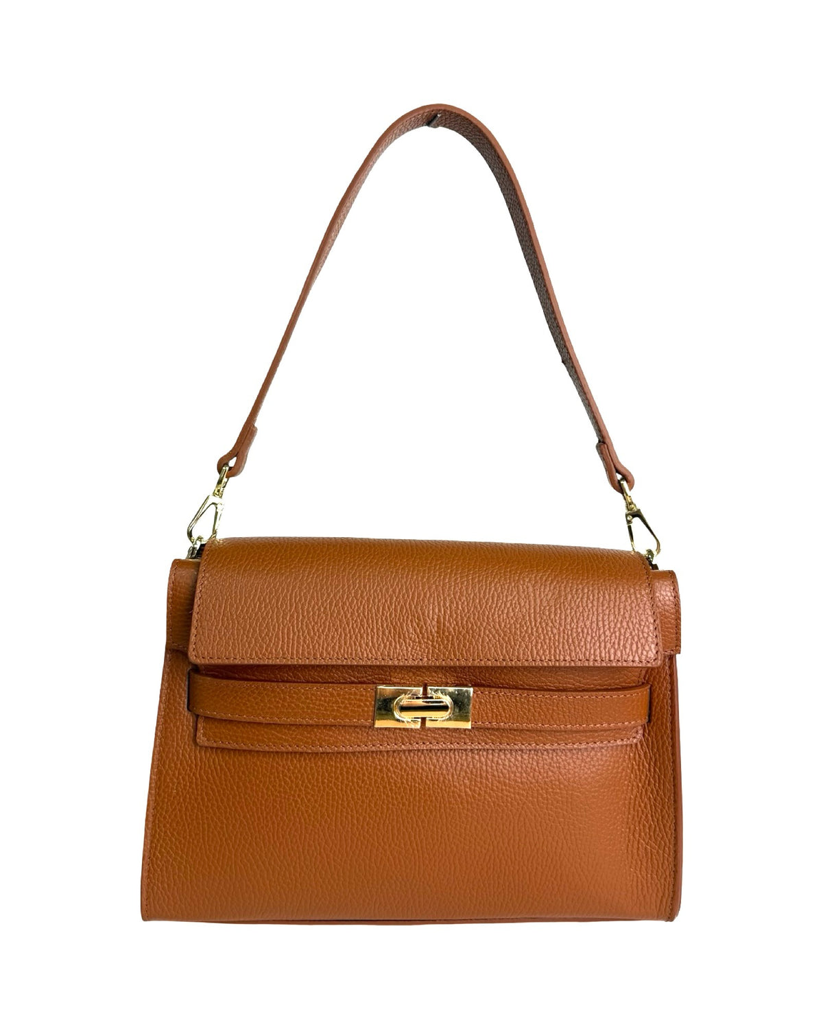 Lucy - Genuine Leather Shoulder Bag with Flap and Gold Closure Made in Italy