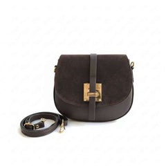 Luni - Borsa a Tracolla Mezzaluna in Vera Pelle Ruga con Patta in Camoscio