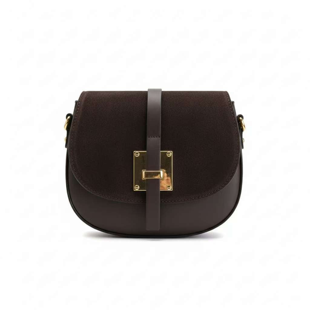 Luni - Borsa a Tracolla Mezzaluna in Vera Pelle Ruga con Patta in Camoscio