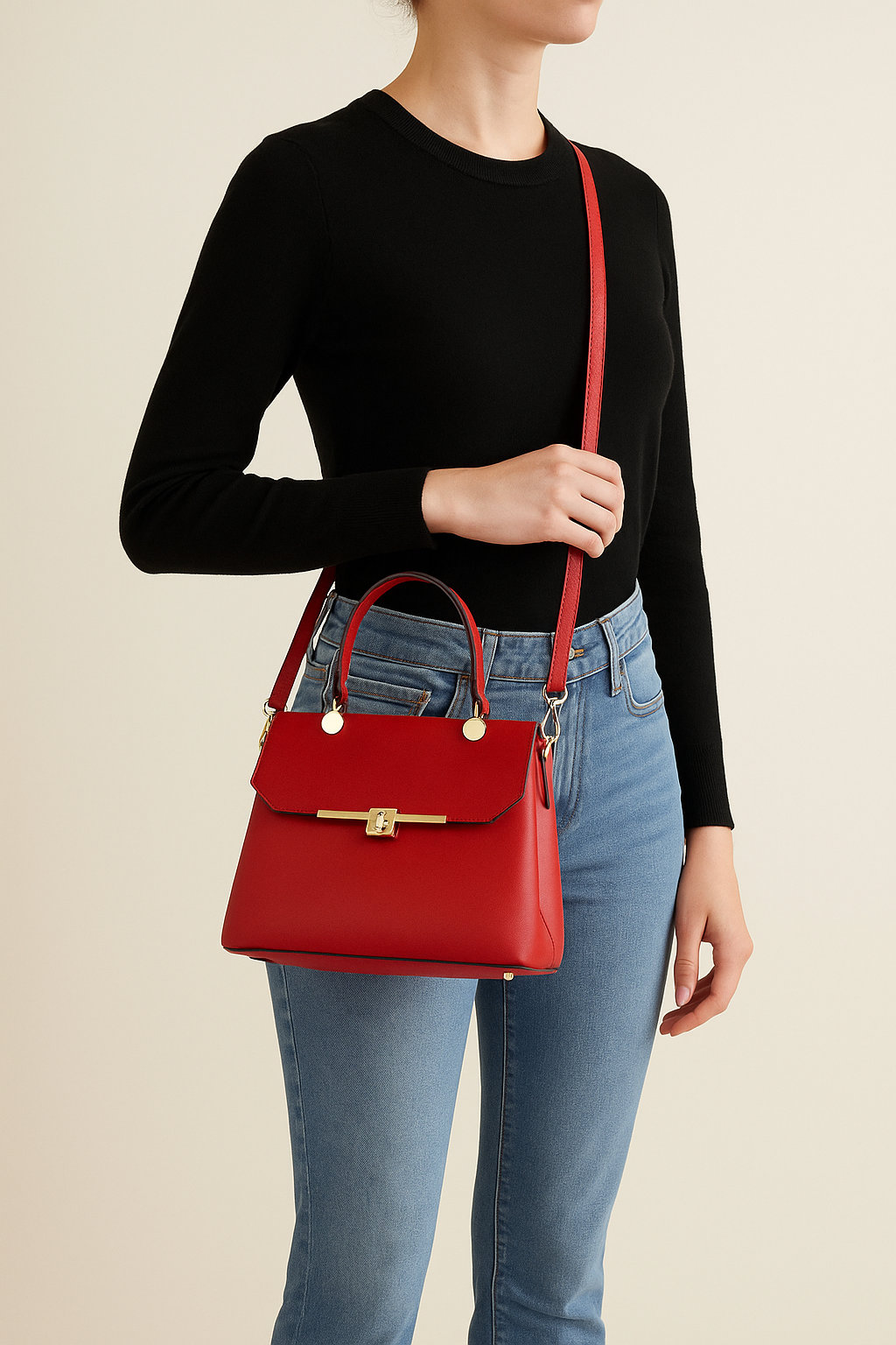Liliana - Borsa a Mano Donna in Vera Pelle Rossa Made in Italy – Tracolla Regolabile, Chiusura a Incastro, Elegante