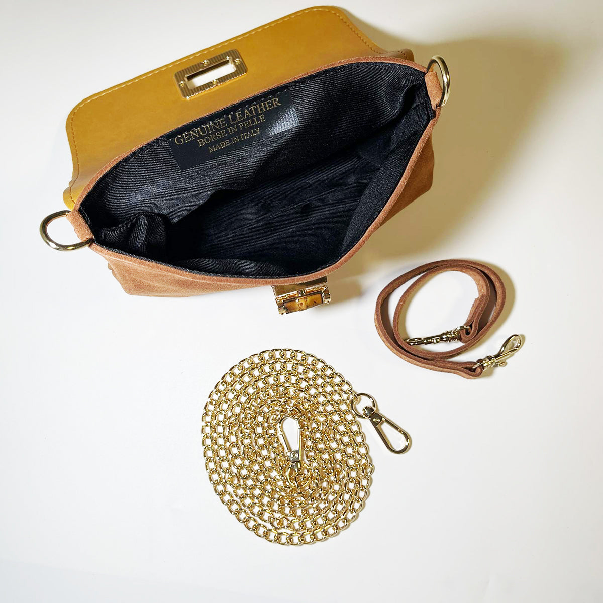 Annie - Mini Borsa a Spalla in Pelle Camoscio Made in Italy con Chiusura Turnlock Bambù