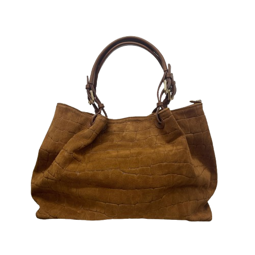 Mina - Shopping Bag Capiente in Camoscio Stampa Cocco - Vera Pelle con Tracolla Martellata
